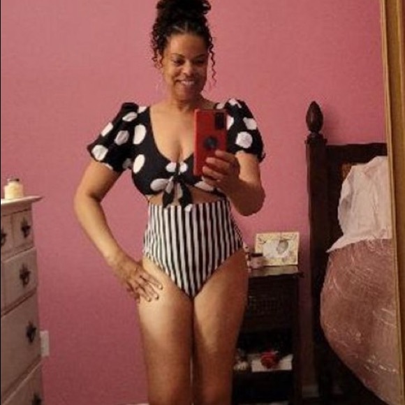 Striped Dot Print Puff Sleeve Tie Front One Piece Swimsuit Tabitha Brown NWT - Picture 9 of 16